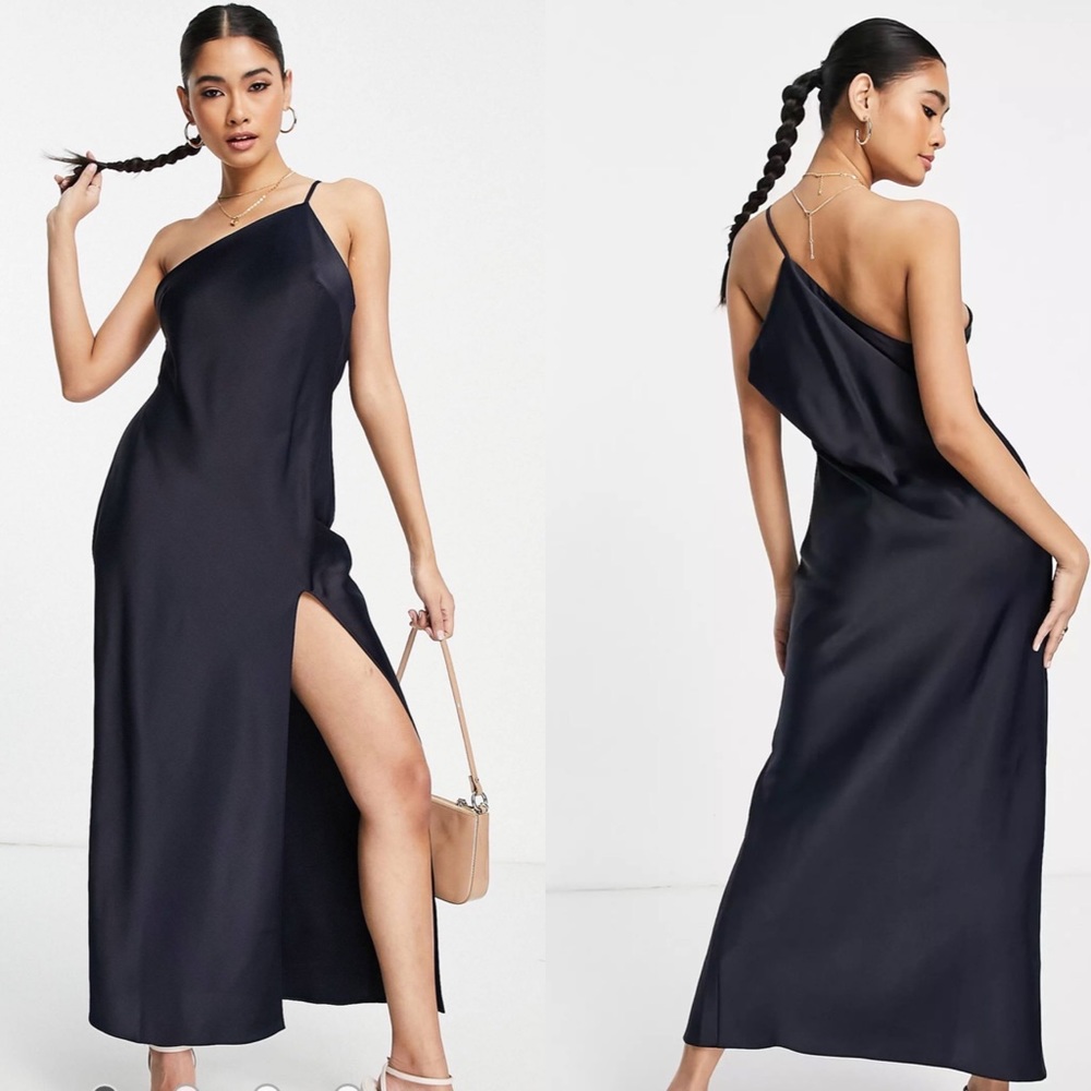 ASOS one shoulder midaxi dress in satin with drape back in Navy